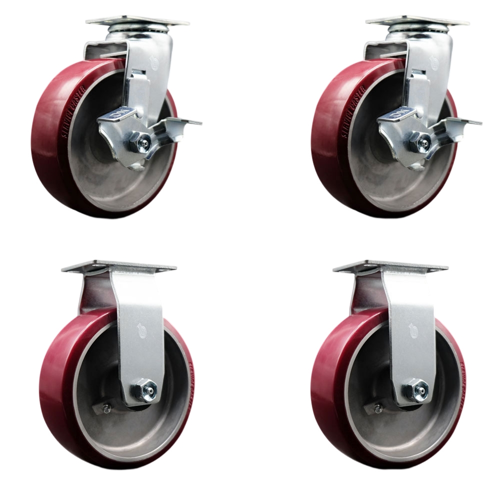 SCC-20S620-PAR-TLB-2-R-2 Swivel & Rigid Plate Caster Set Maroon 6 in. by 2 in. Polyurethane on Aluminum Wheel Roller Bearing