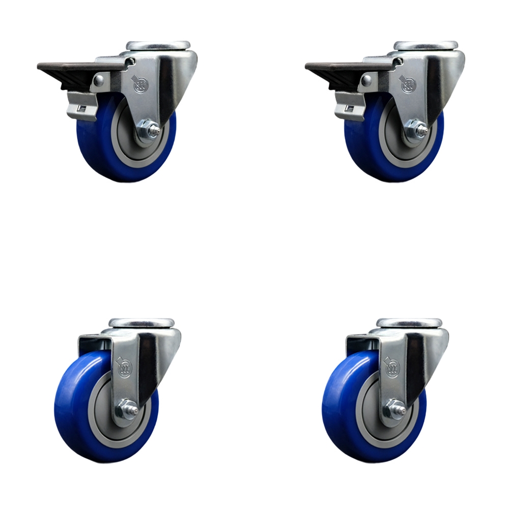 SCC-BH20S3514-PPUB-BLUE-PLB-2-S-2 Polyurethane Swivel Bolt Hole Caster with 3.5 x 1.25 in. Blue Wheels - Set of 4