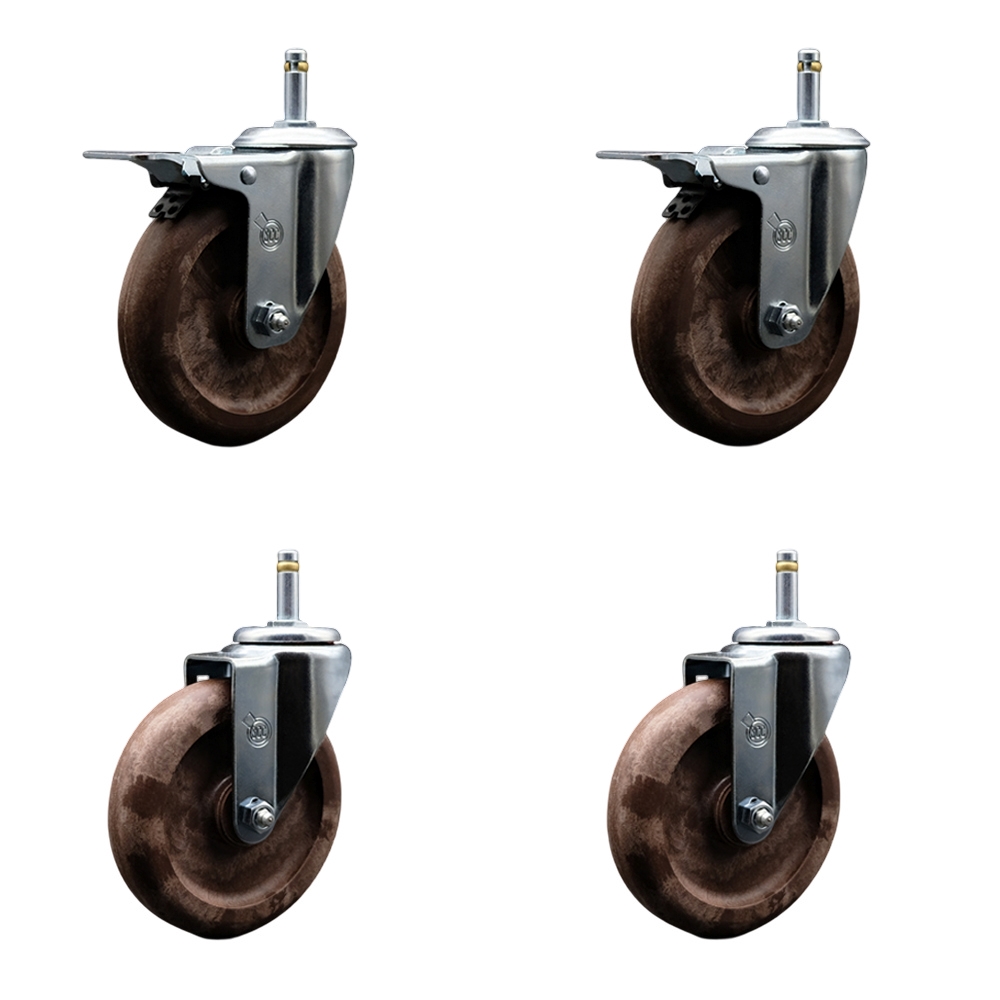High Temperature Glass Filled Nylon Swivel Grip Ring Stem Caster with 5 x 1.25 in. Brown Wheels & 0.43 in. Stems - Set of 4