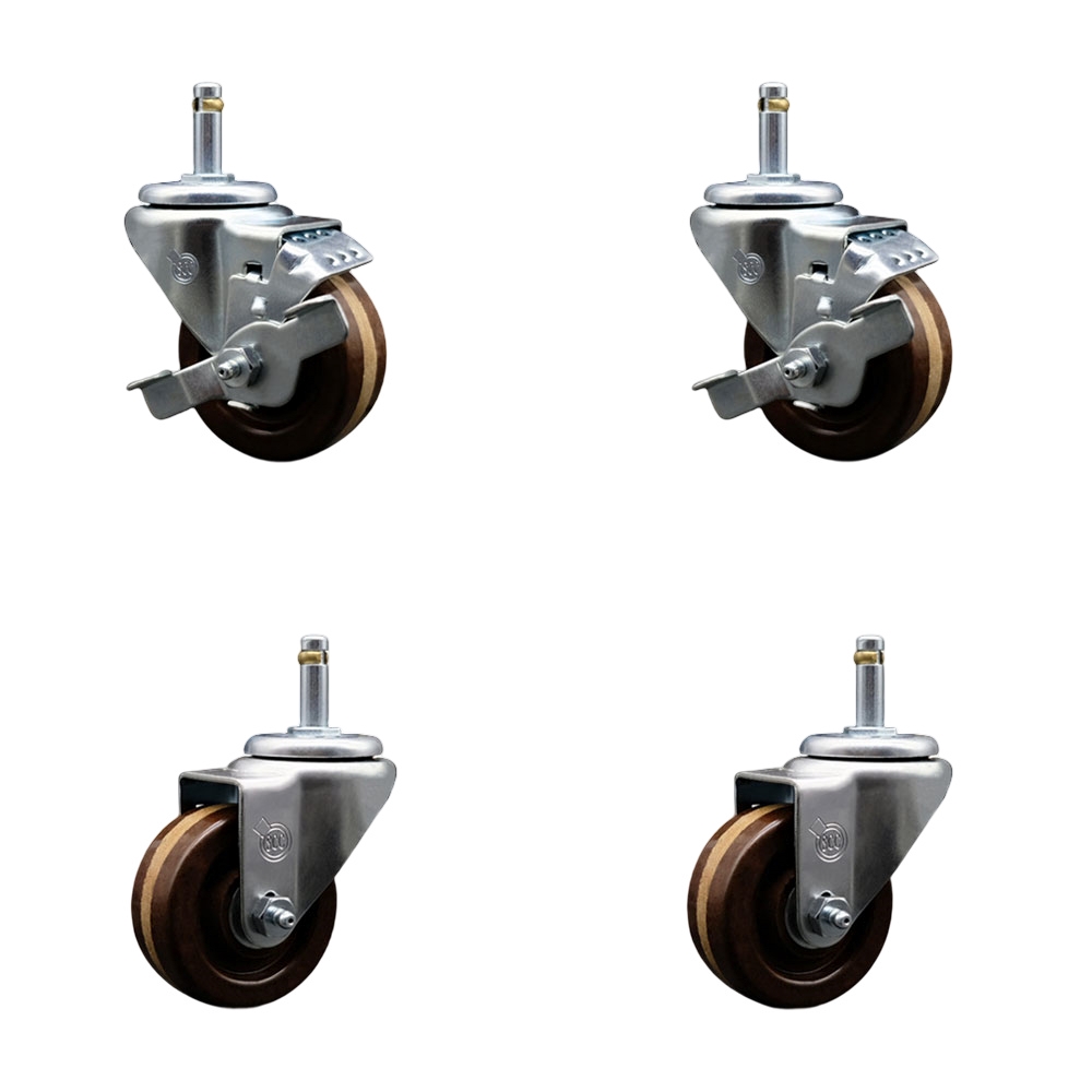 High Temperature Phenolic Swivel Grip Ring Stem Caster with Roller Bearing 3 x 1.25 in. Brown Wheels & 0.43 in. Stems - Set of 4