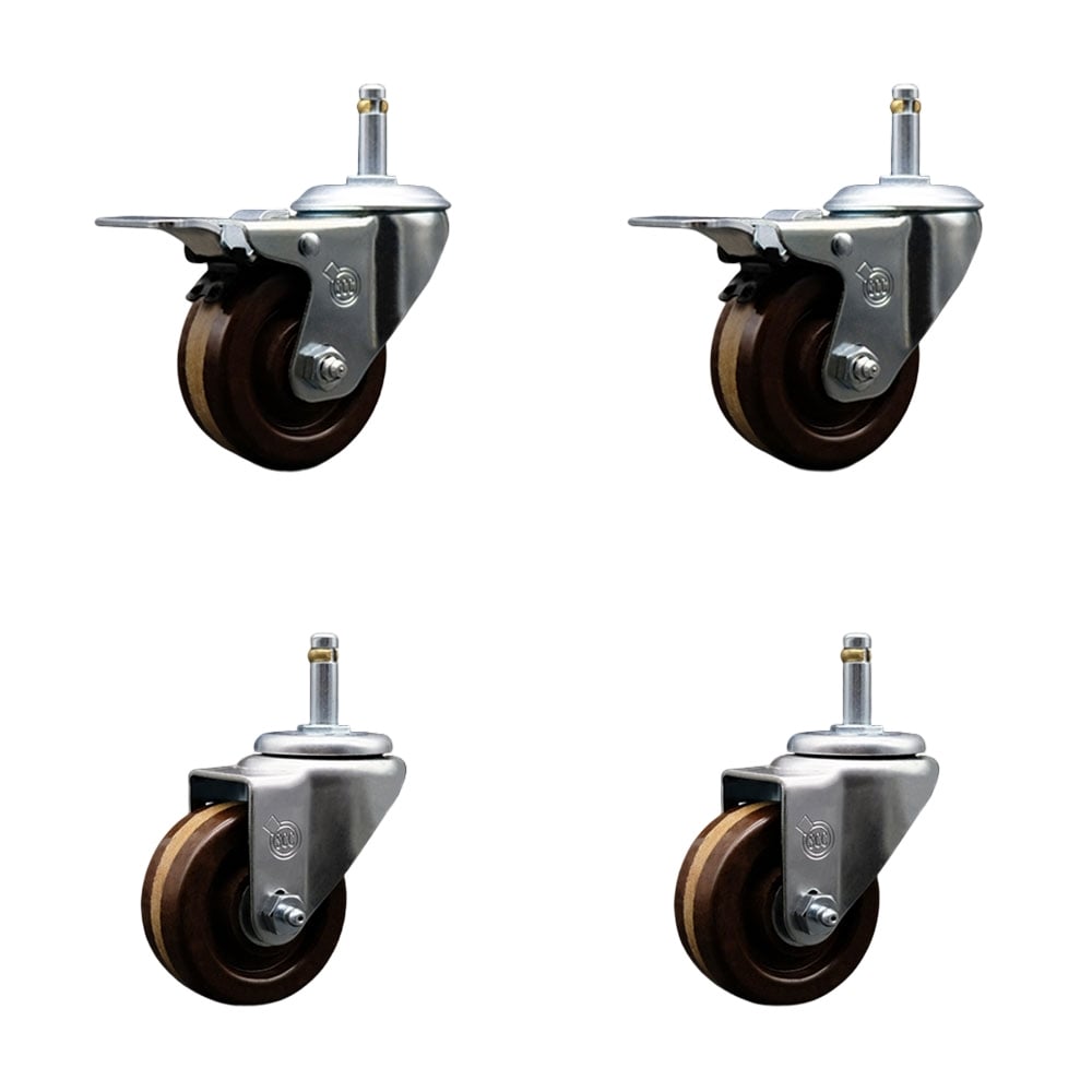 High Temperature Phenolic Swivel Grip Ring Stem Caster with Roller Bearing 3 x 1.25 in. Brown Wheels & 0.43 in. Stems - Set of 4