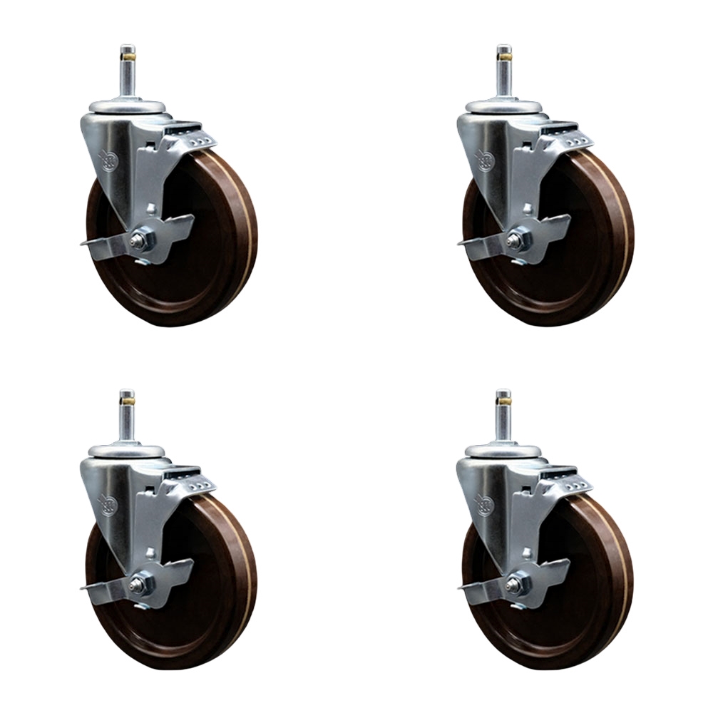 High Temperature Phenolic Swivel Grip Ring Stem Caster with Roller Bearing with 5 x 1.25 in. Brown Wheels & 0.43 in. Stems - Set of 4