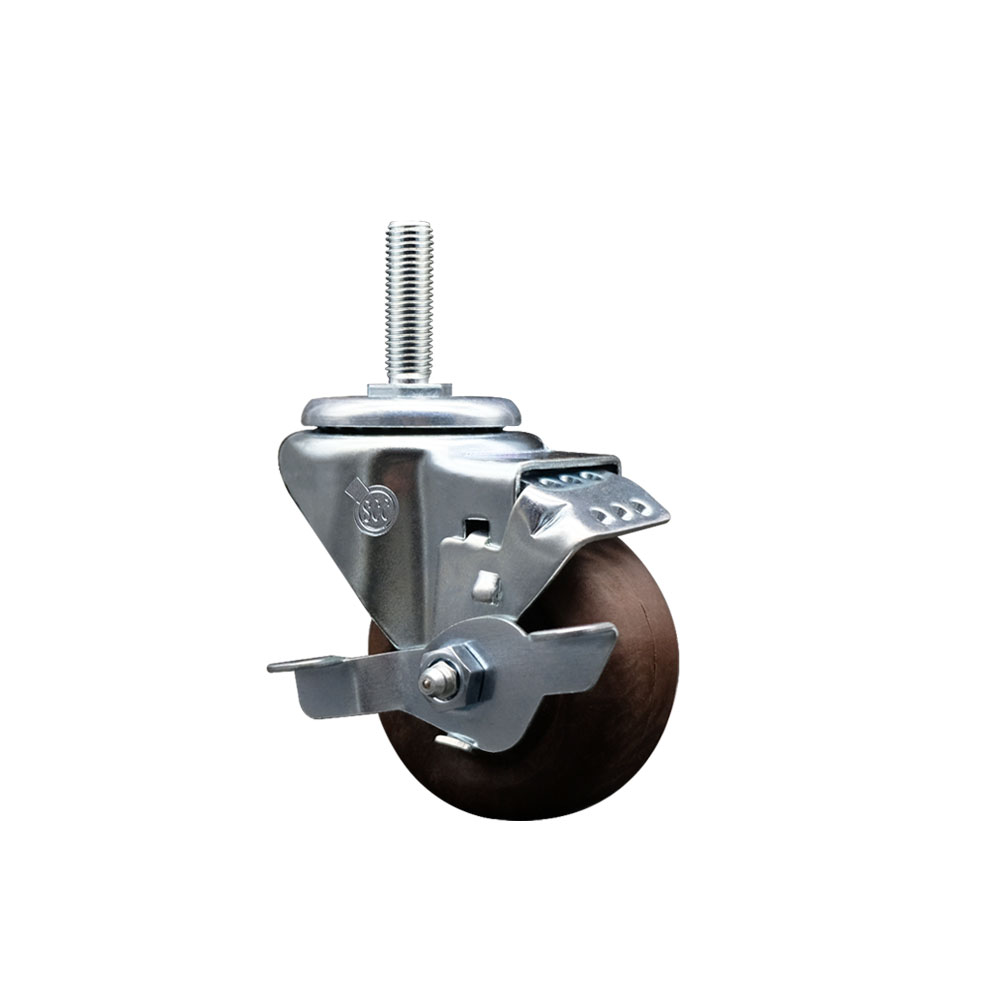 High Temperature Glass Filled Nylon Swivel Threaded Stem Caster with 3 x 1.25 in. Brown Wheel & 0.75 in. Stem & Top Locking Brake