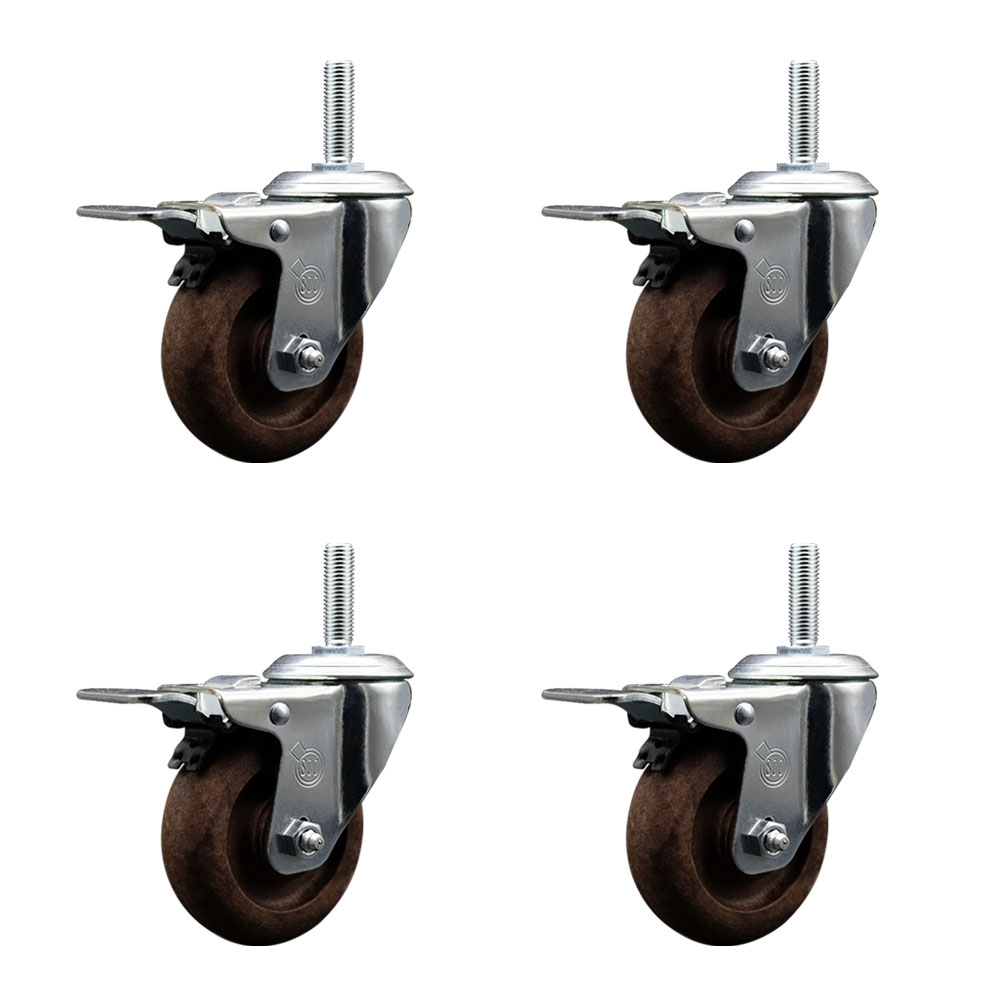 High Temperature Glass Filled Nylon Swivel Threaded Stem Caster with 4 x 1.25 in. Brown Wheels & 0.75 in. Stems - Set of 4