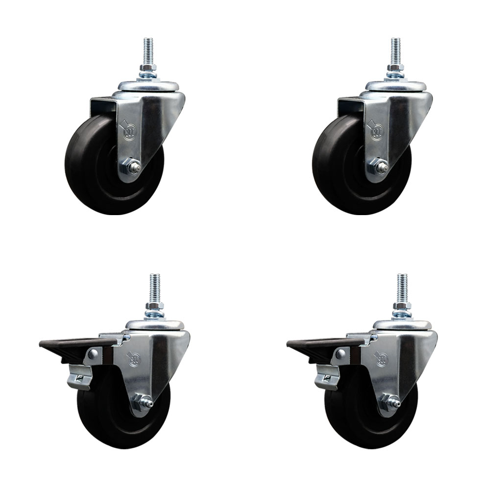 SCC-TS20S3514-HRS-381615-2-PLB-2 Hard Rubber Swivel Threaded Stem Caster with 3.5 x 1.25 in. Black Wheels & 0.38 in. Stems - Set of 4