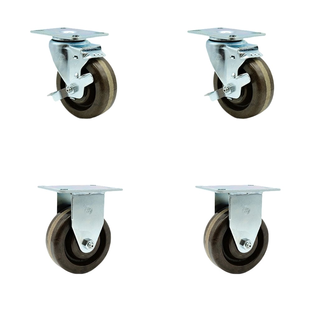 High Temperature Caster with 2 Brakes & 2 Rigid -4 in. High Temperature Phenolic Wheel 3.13 x 4.13 in. Overall Top Plate - Set of 4