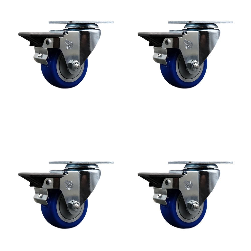 SCC-20S314-PPUB-BLUE-PLB-4 Polyurethane Swivel Top Plate Caster with 3 in. Blue Wheels - Set of 4