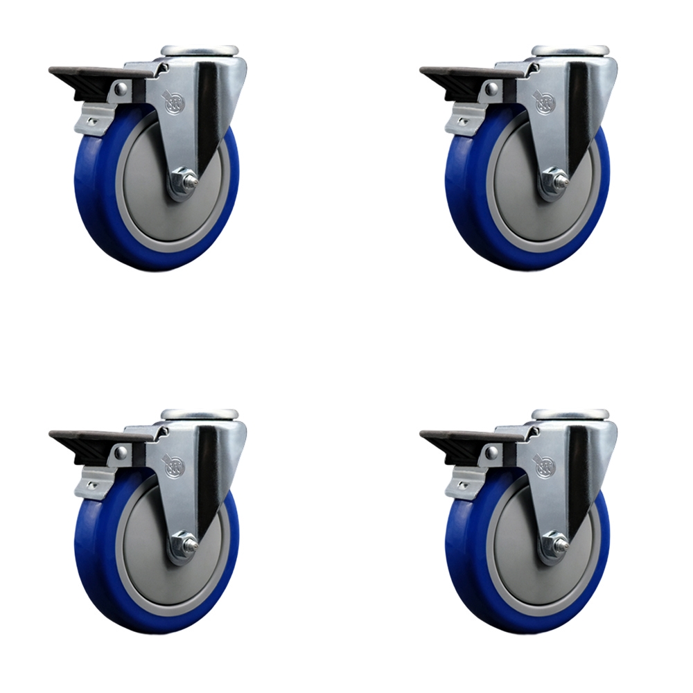 SCC-BH20S514-PPUB-BLUE-PLB-4 Polyurethane Swivel Bolt Hole Caster with 5 x 1.25 in. Blue Wheels - Set of 4