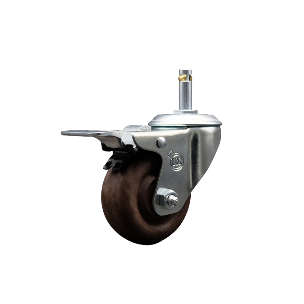 High Temperature Glass Filled Nylon Swivel Grip Ring Stem Caster with 3 x 1.25 in. Brown Wheel & 0.43 in. Stem & Total Locking Brake