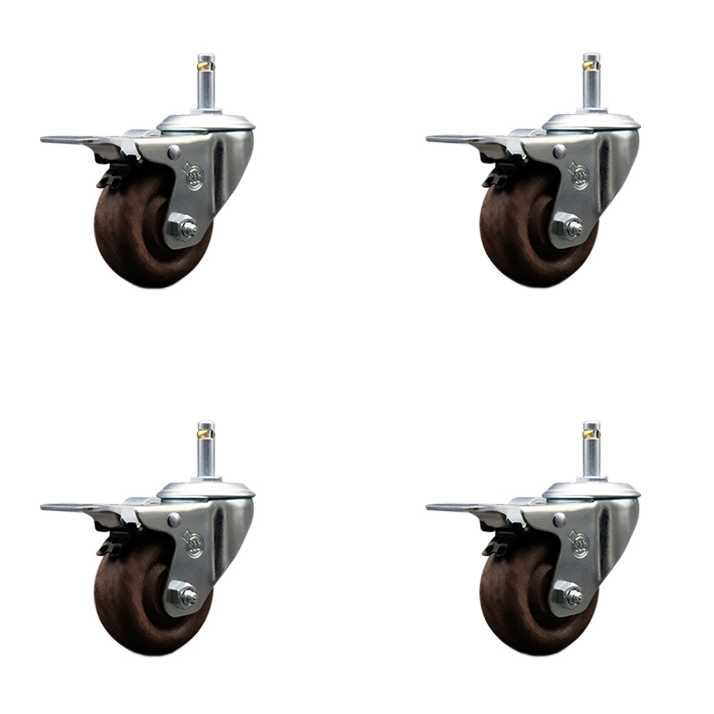 High Temperature Glass Filled Nylon Swivel Grip Ring Stem Caster with 3 x 1.25 in. Brown Wheels & 0.43 in. Stems - Set of 4