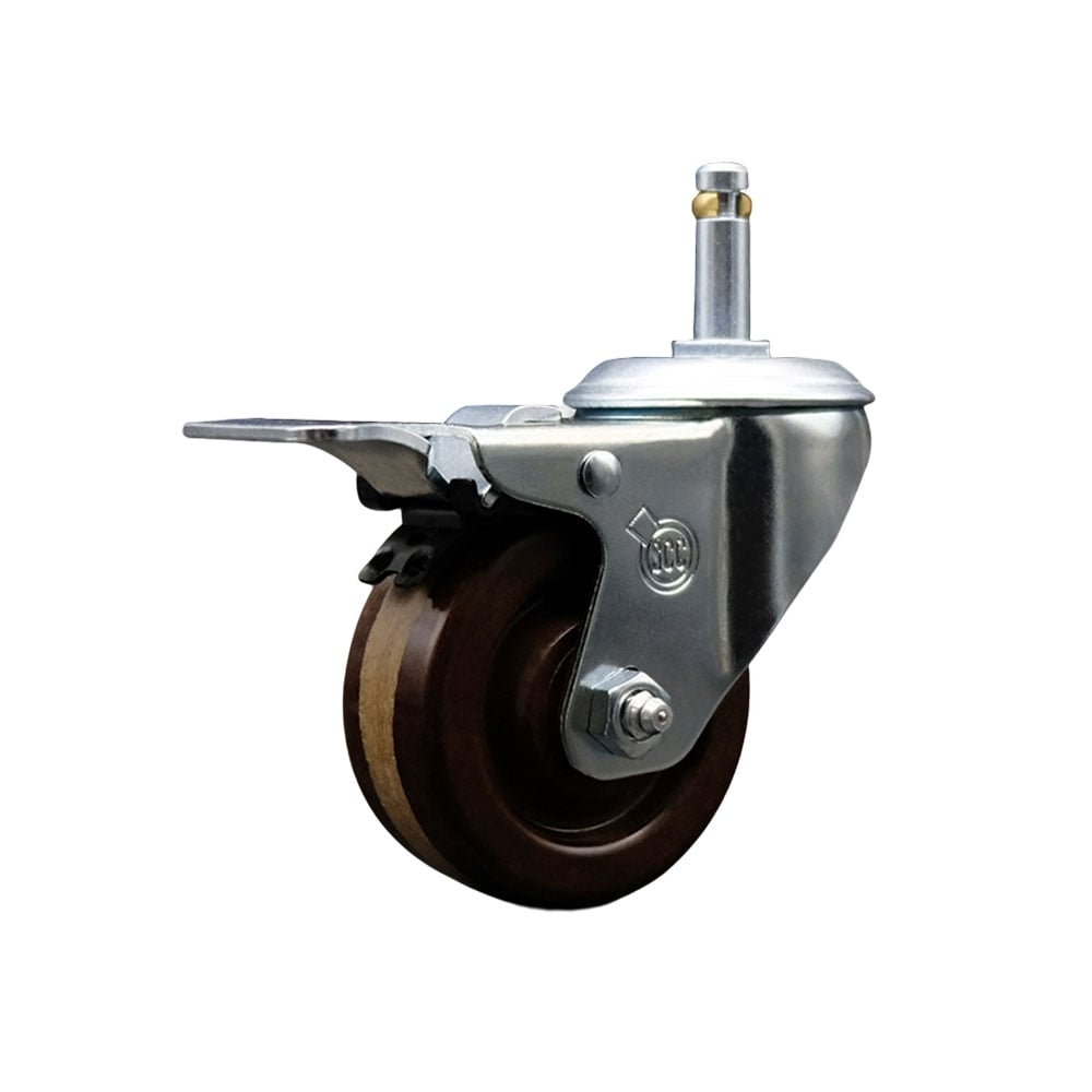 High Temperature Phenolic Swivel Grip Ring Stem Caster with Roller Bearing 4 x 1.25 in. Brown Wheel & 0.43 in. Stem & Total Locking Brake