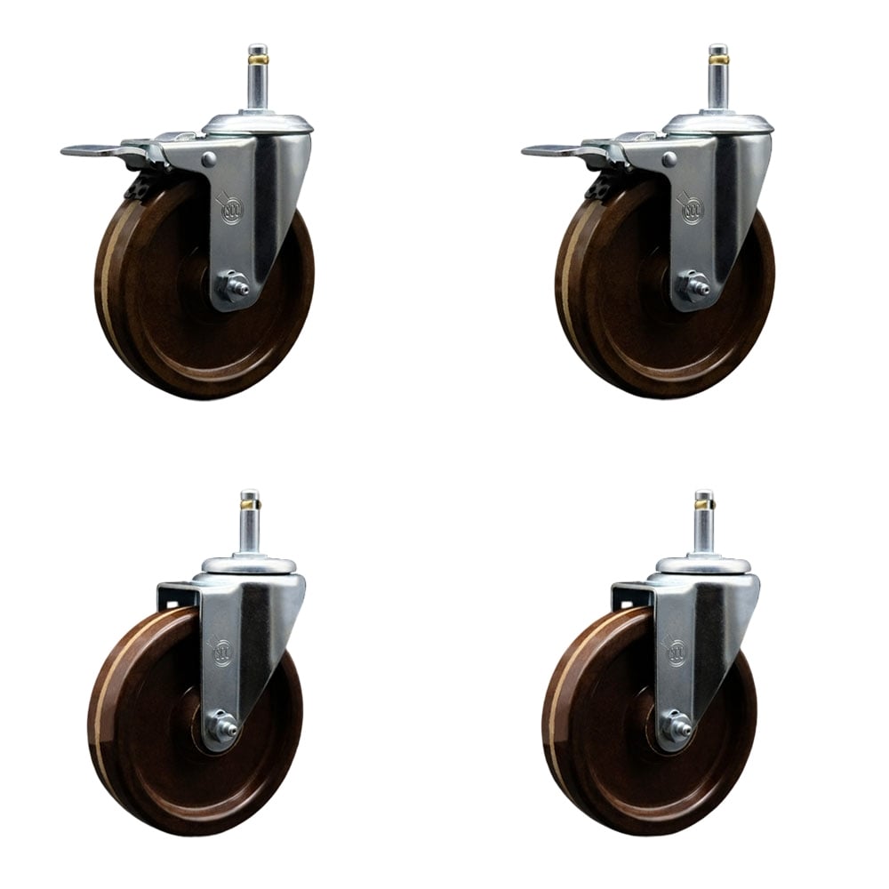 High Temperature Phenolic Swivel Grip Ring Stem Caster with Roller Bearing 5 x 1.25 in. Brown Wheels & 0.43 in. Stems - Set of 4
