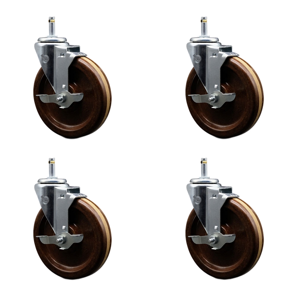 High Temperature Phenolic Swivel Grip Ring Stem Caster with Roller Bearing with 6 x 1.5 in. Brown Wheels & 0.43 in. Stems - Set of 4