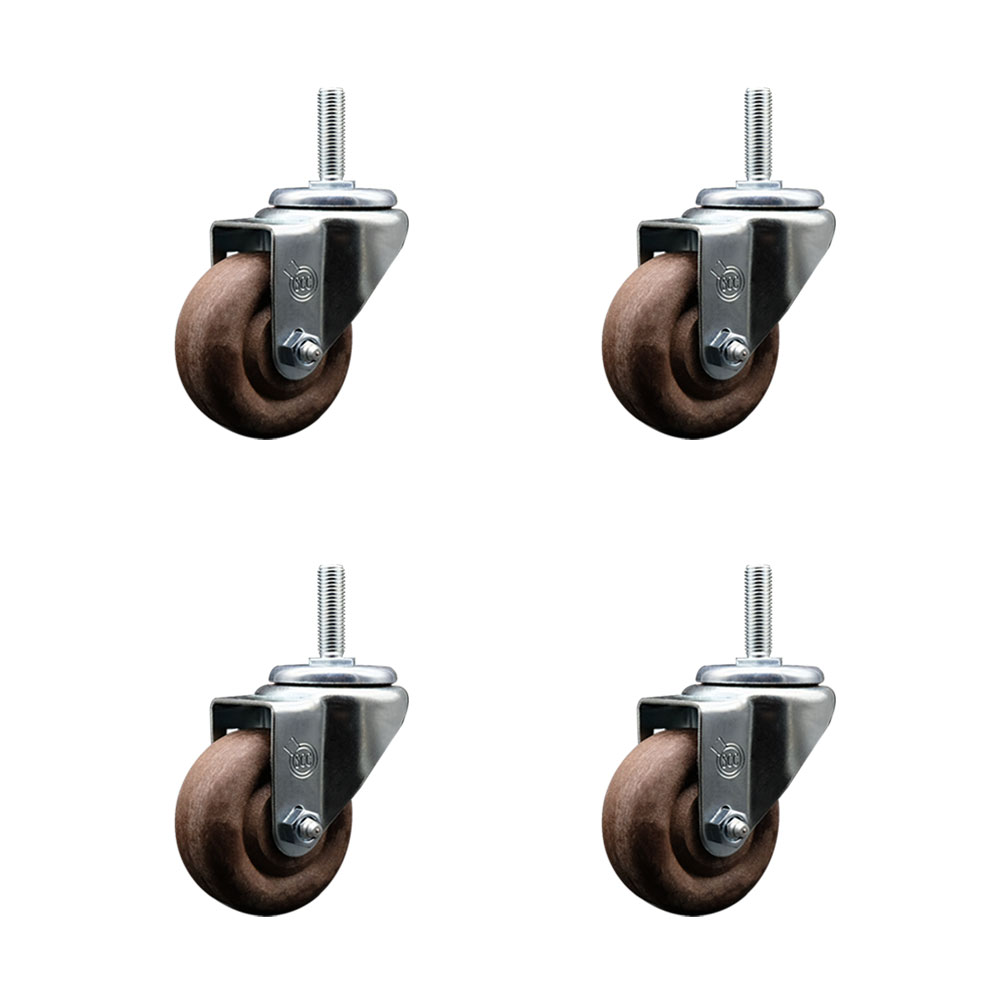 High Temperature Glass Filled Nylon Swivel Threaded Stem Caster with 3 x 1.25 in. Brown Wheels & 0.75 in. Stems - Set of 4