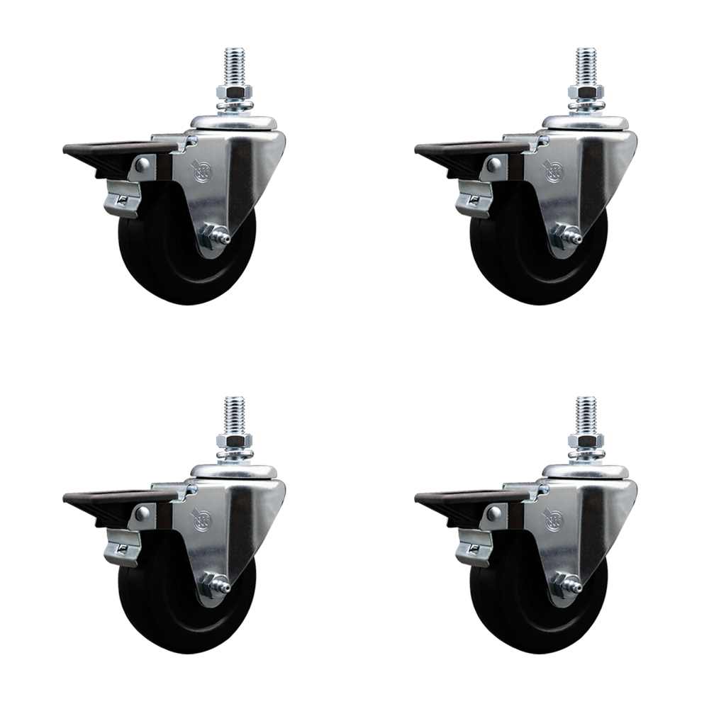 SCC-TS20S3514-HRS-PLB-121315-4 Hard Rubber Swivel Threaded Stem Caster with 3.5 x 1.25 in. Black Wheels & 0.5 in. Stems - Set of 4