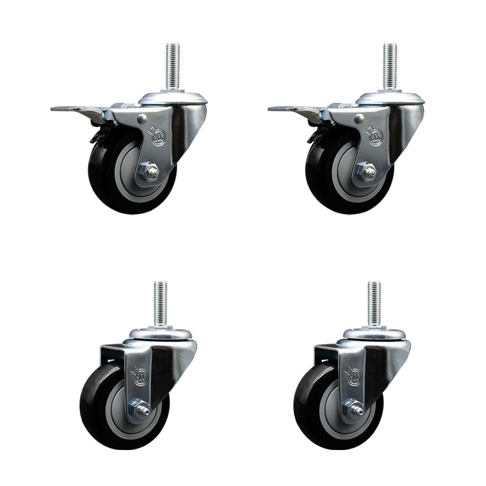 SCC-TSTTL20S314-PPUB-BLK-34212-2-S-2 Polyurethane Swivel Threaded Stem Caster with 3 x 1.25 in. Black Wheels & 0.75 in. Stems - Set of 4