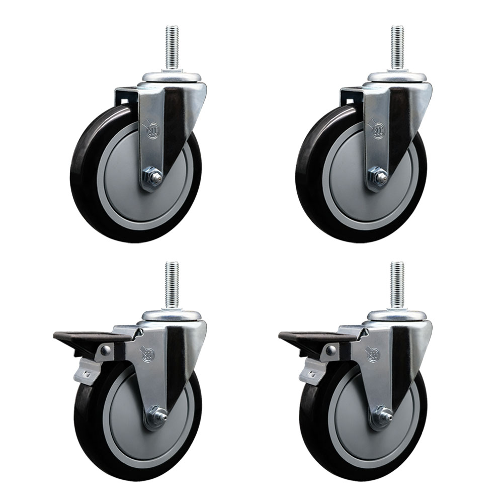 SCC-TS20S514-PPUB-BLK-58212-2-PLB-2 Polyurethane Swivel Threaded Stem Caster with 5 x 1.25 in. Black Wheels & 0.63 in. Stems - Set of 4