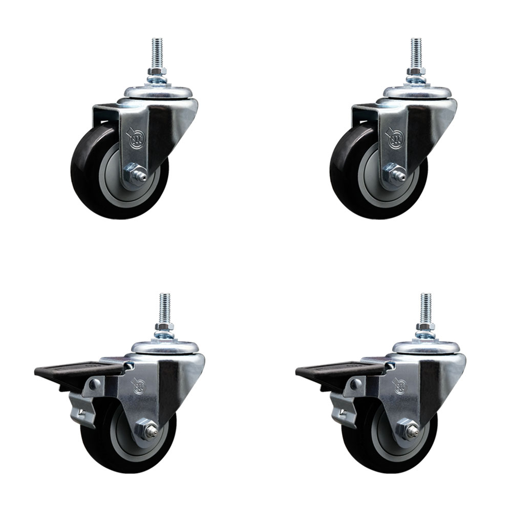 SCC-TS20S314-PPUB-BLK-M1215-2-PLB-2 Polyurethane Swivel Threaded Stem Caster with 3 x 1.25 in. Black Wheels & 12 mm Stems - Set of 4
