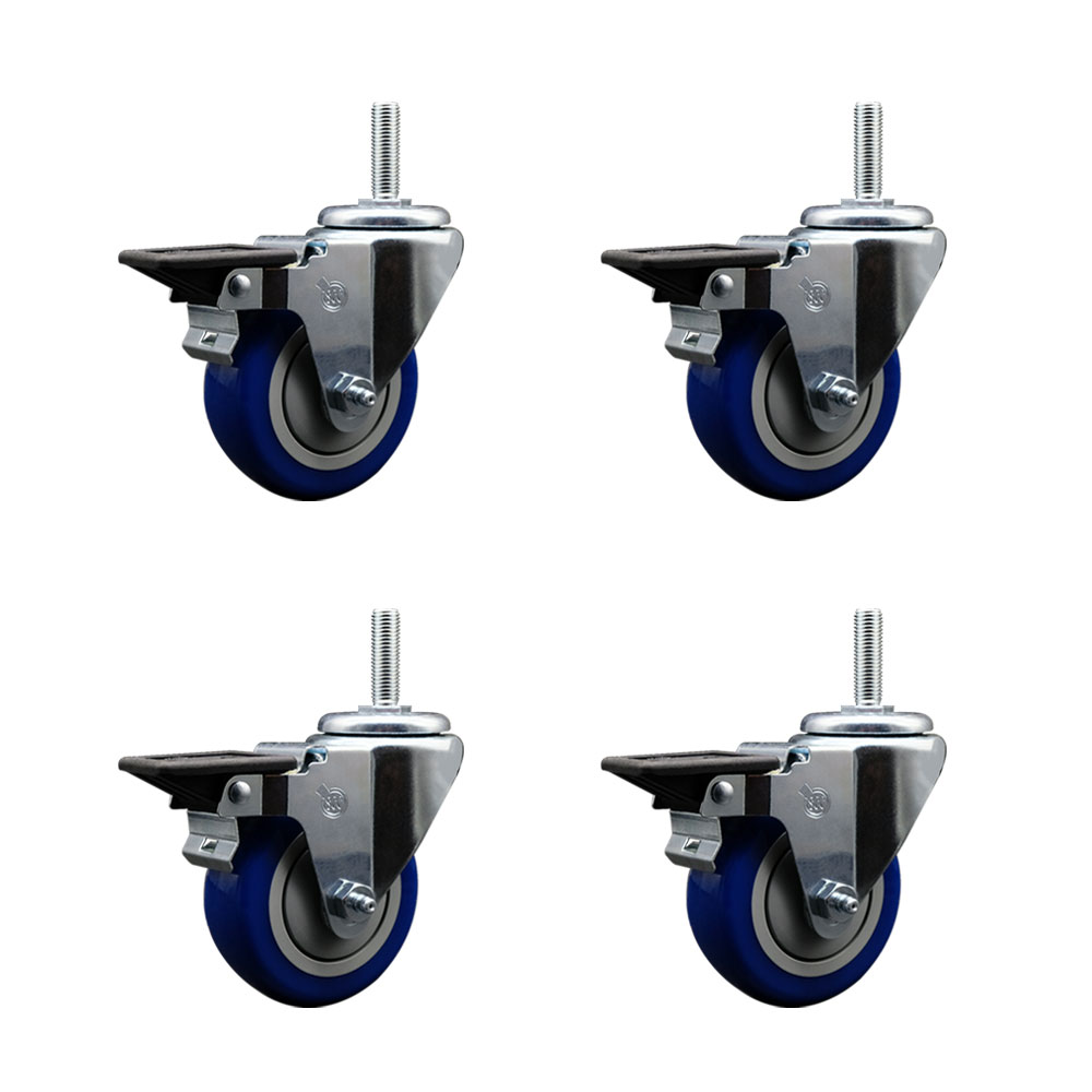 SCC-TS20S3514-PPUB-BLUE-PLB-58212-4 Polyurethane Swivel Threaded Stem Caster with 3.5 x 1.25 in. Blue Wheels & 0.63 in. Stems - Set of 4
