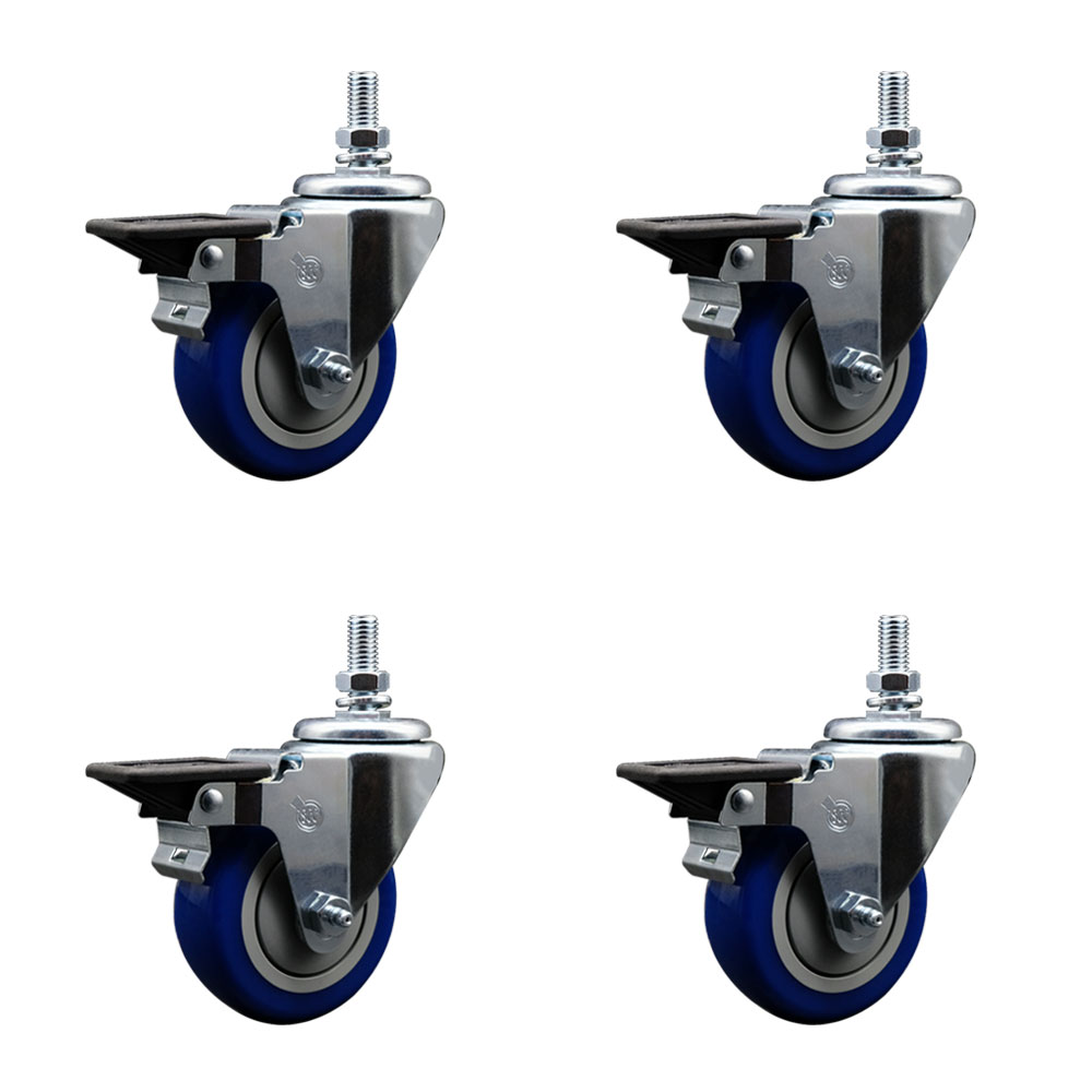 SCC-TS20S3514-PPUB-BLUE-PLB-M1015-4 Polyurethane Swivel Threaded Stem Caster with 3.5 x 1.25 in. Blue Wheels & 10 mm Stems - Set of 4