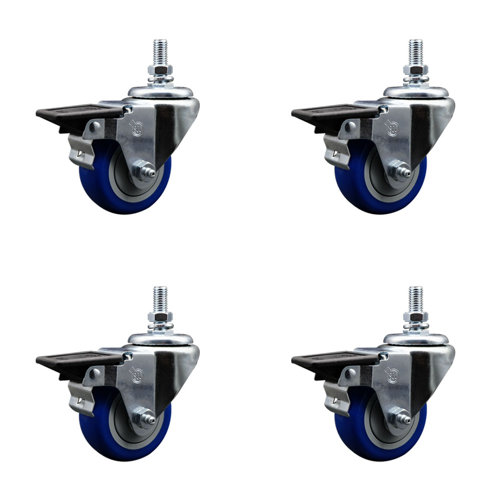 SCC-TS20S314-PPUB-BLUE-PLB-M1015-4 Polyurethane Swivel Threaded Stem Caster with 3 x 1.25 in. Blue Wheels & 10 mm Stems - Set of 4