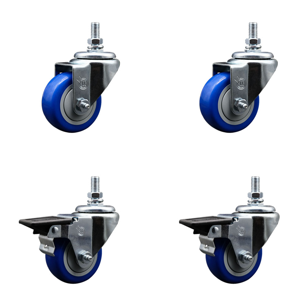 SCC-TS20S314-PPUB-BLUE-M1015-2-PLB-2 Polyurethane Swivel Threaded Stem Caster with 3 x 1.25 in. Blue Wheels & 10 mm Stems - Set of 4