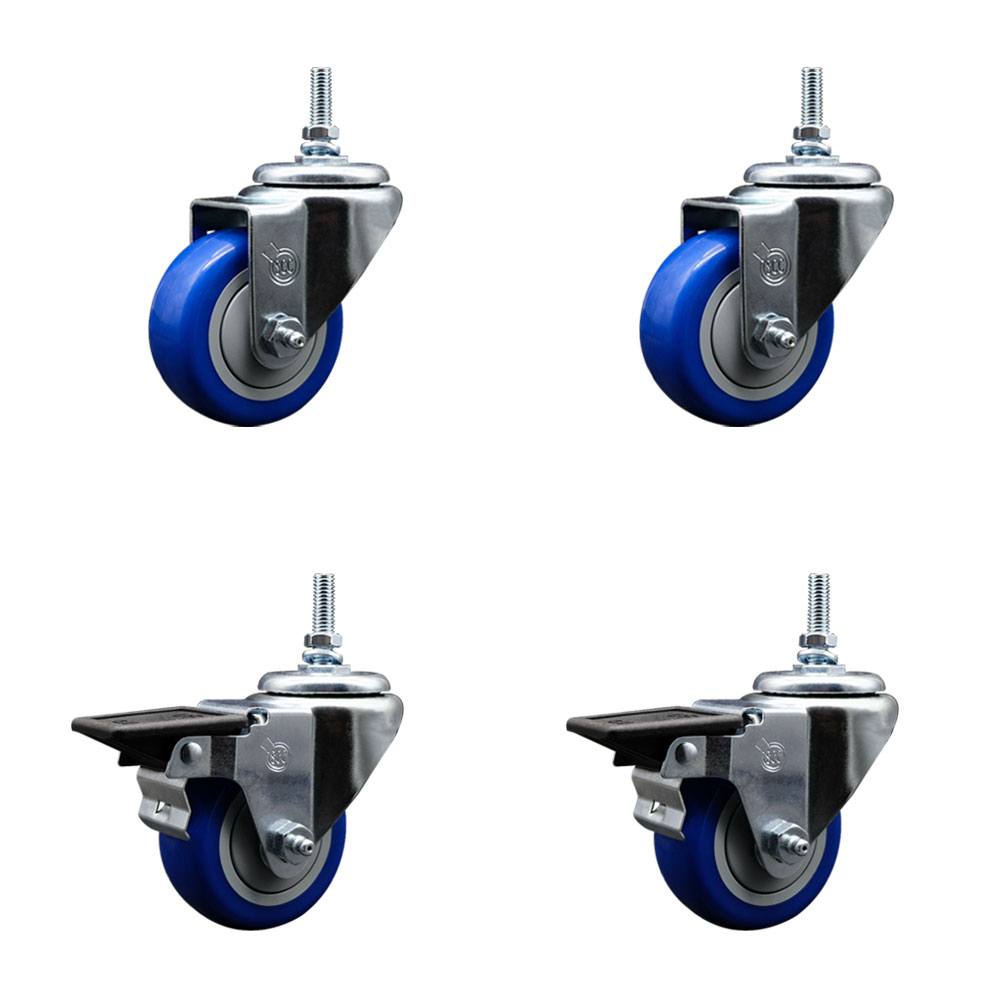 SCC-TS20S314-PPUB-BLUE-M1215-2-PLB-2 Polyurethane Swivel Threaded Stem Caster with 3 x 1.25 in. Blue Wheels & 12 mm Stems - Set of 4