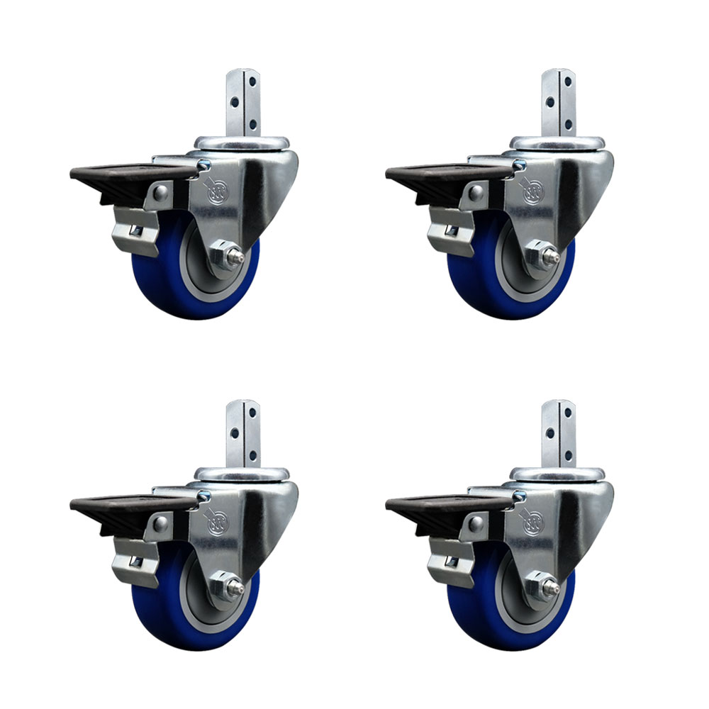 Swivel Square Stem Caster with 3 x 1.25 in. Blue Poly Wheel, 0.75 x 2 in. Square Stem with 3 0.26 in. Diameter Mounting Holes - Set of 4