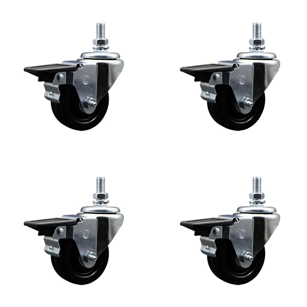 SCC-TS20S314-PHR-PLB-M1015-4 Phenolic Swivel Threaded Stem Caster with 3 x 1.25 in. Black Wheels & 10 mm Stems - Set of 4