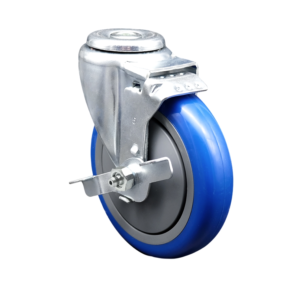 SCC-SSBH20S514-PPUB-BLUE-TLB Stainless Steel Polyurethane Swivel Bolt Hole Caster with 5 x 1.25 in. Blue Wheel & Top Locking Brake