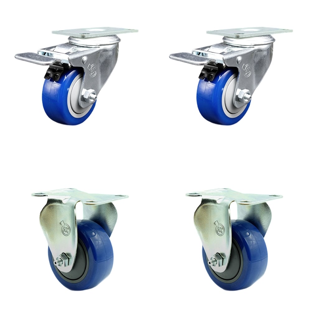 Stainless Steel Polyurethane Top Plate Caster with 3 x 1.25 in. Blue Wheels, 2 Swivel Casters with Total Locking Brake & 2 Rigid - Set of 4