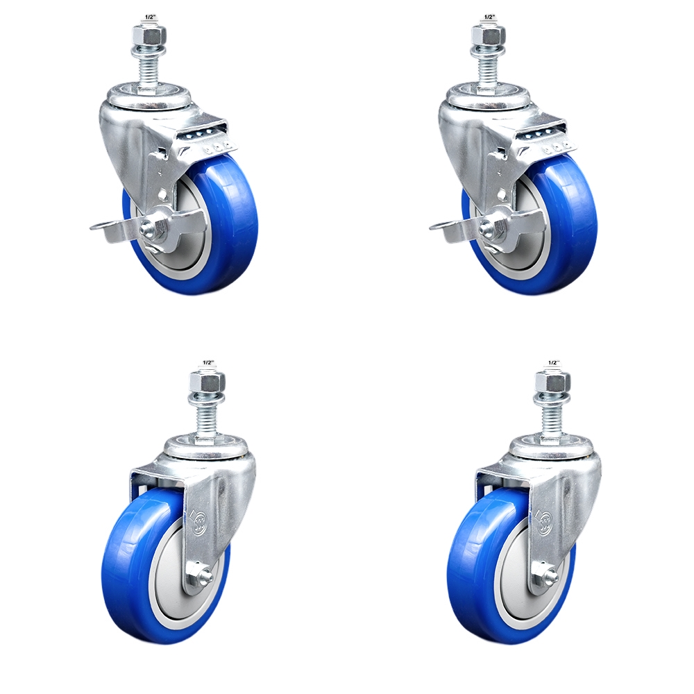 Stainless Steel Polyurethane Swivel Threaded Stem Caster with 4 x 1.25 in. Blue Wheels & 0.5 in. Stems - Set of 4