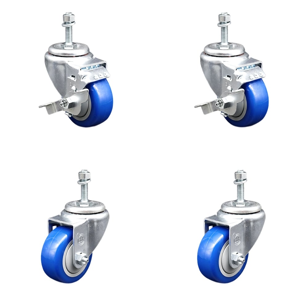 SCC-TS20S3514-PPUB-BLUE-TLB-381615-2-S-2 Polyurethane Swivel Threaded Stem Caster with 3.5 x 1.25 in. Blue Wheels & 0.38 in. Stems - Set of 4