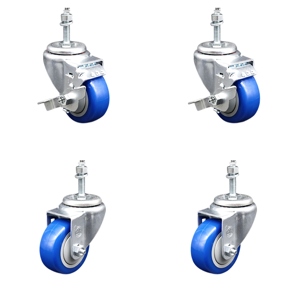 Stainless Steel Polyurethane Swivel Threaded Stem Caster with 3 x 1.25 in. Blue Wheels & 0.38 in. Stems - Set of 4
