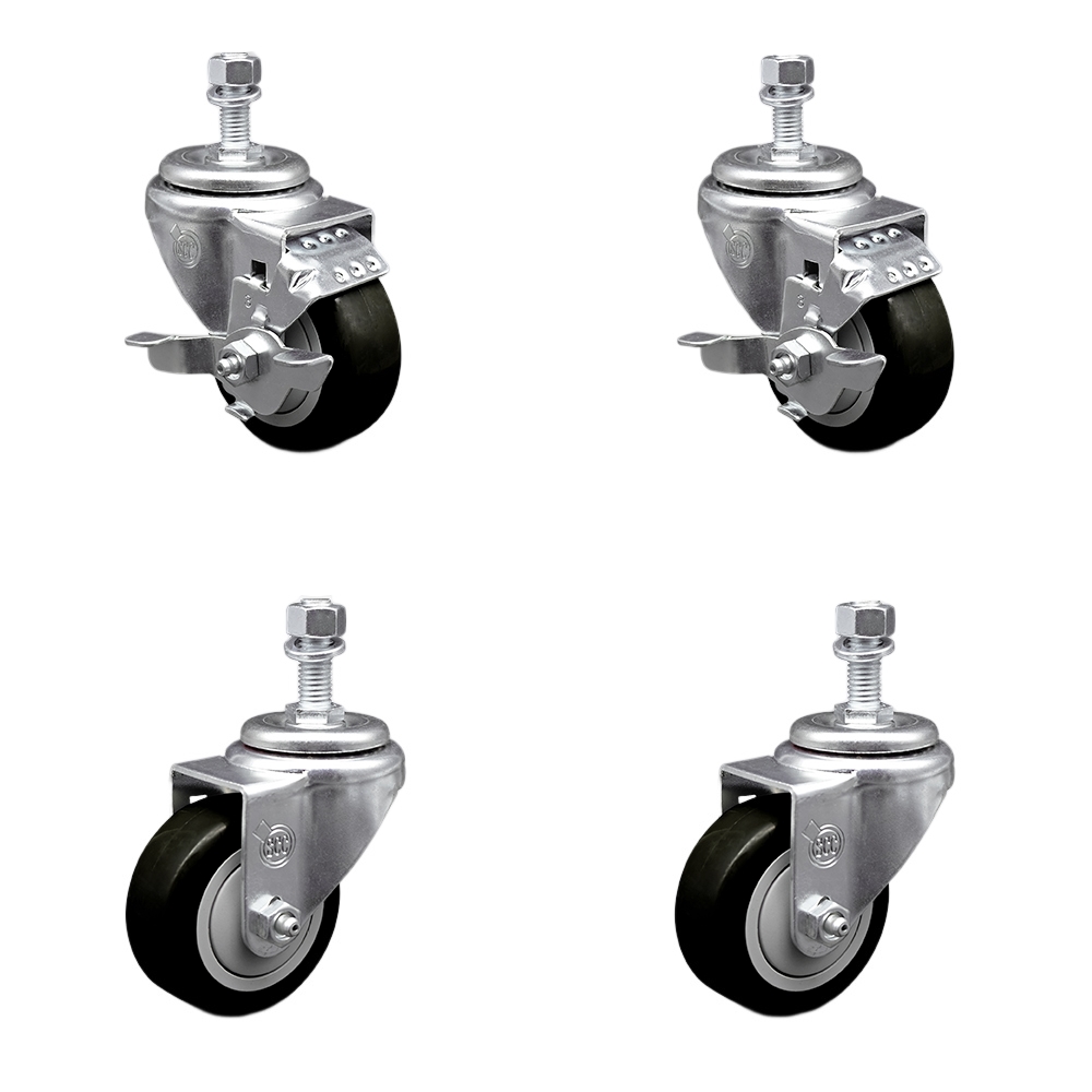 Stainless Steel Polyurethane Swivel Threaded Stem Caster with 3.5 x 1.25 in. Black Wheels & 0.5 in. Stems - Set of 4