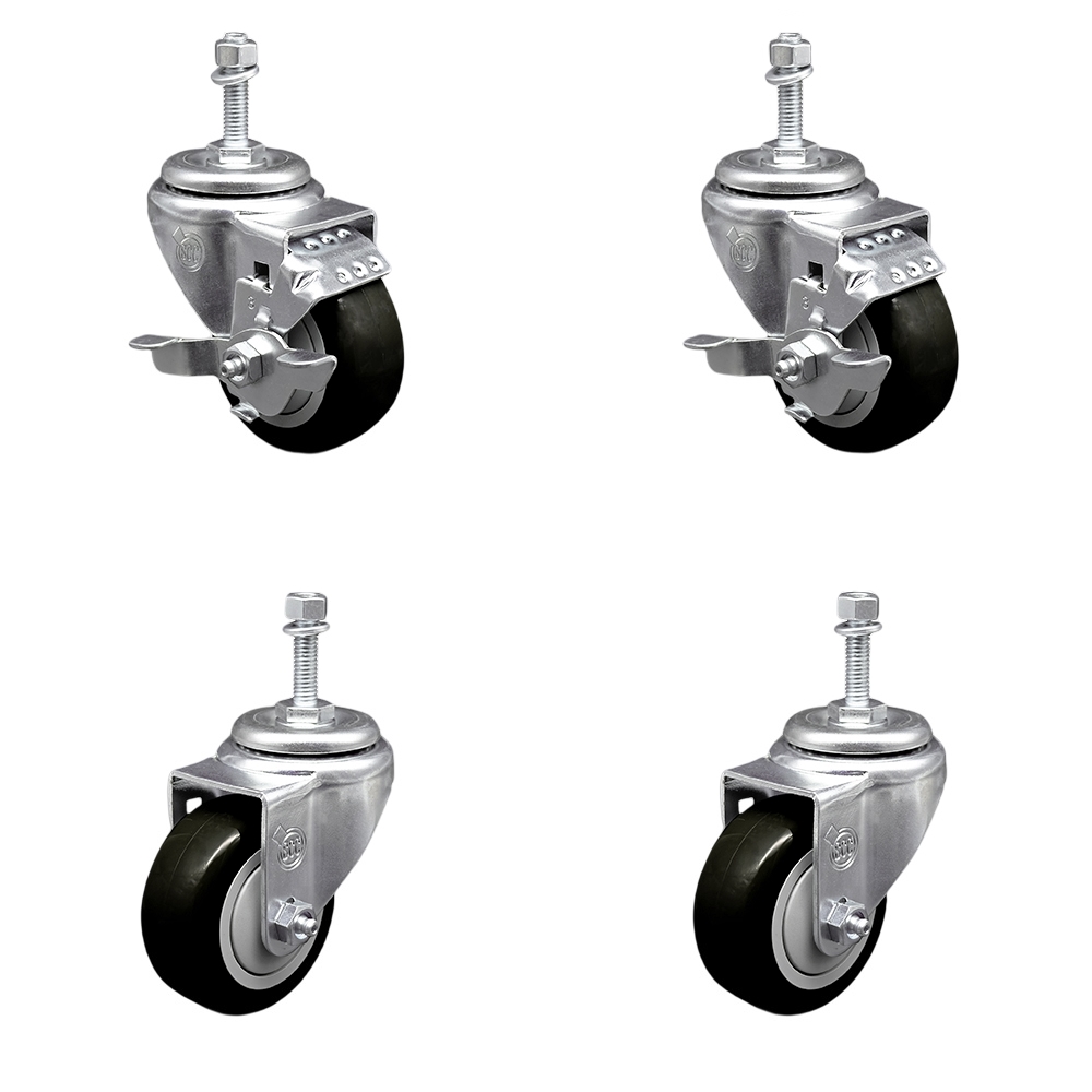 SCC-TS20S3514-PPUB-BLK-TLB-381615-2-S-2 Polyurethane Swivel Threaded Stem Caster with 3.5 x 1.25 in. Black Wheels & 0.38 in. Stems - Set of 4