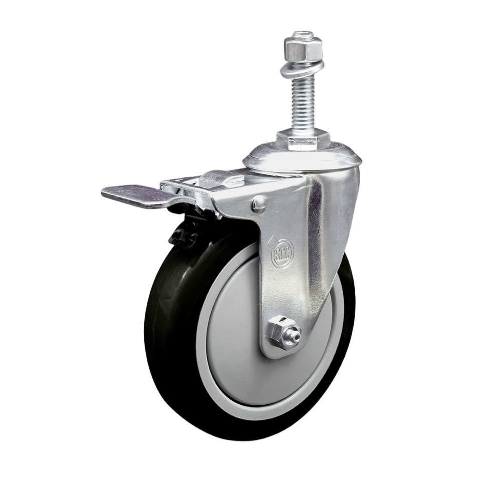 SCC-TSTTL20S514-PPUB-BLK-381615 Polyurethane Swivel Threaded Stem Caster with 5 x 1.25 in. Black Wheel & 0.38 in. Stem & Total Locking Brake