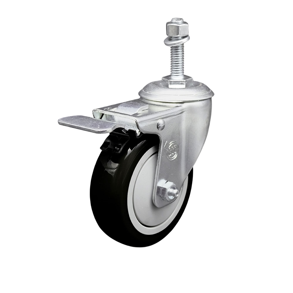 Stainless Steel Polyurethane Swivel Threaded Stem Caster with 4 x 1.25 in. Black Wheel & 0.38 in. Stem & Total Locking Brake