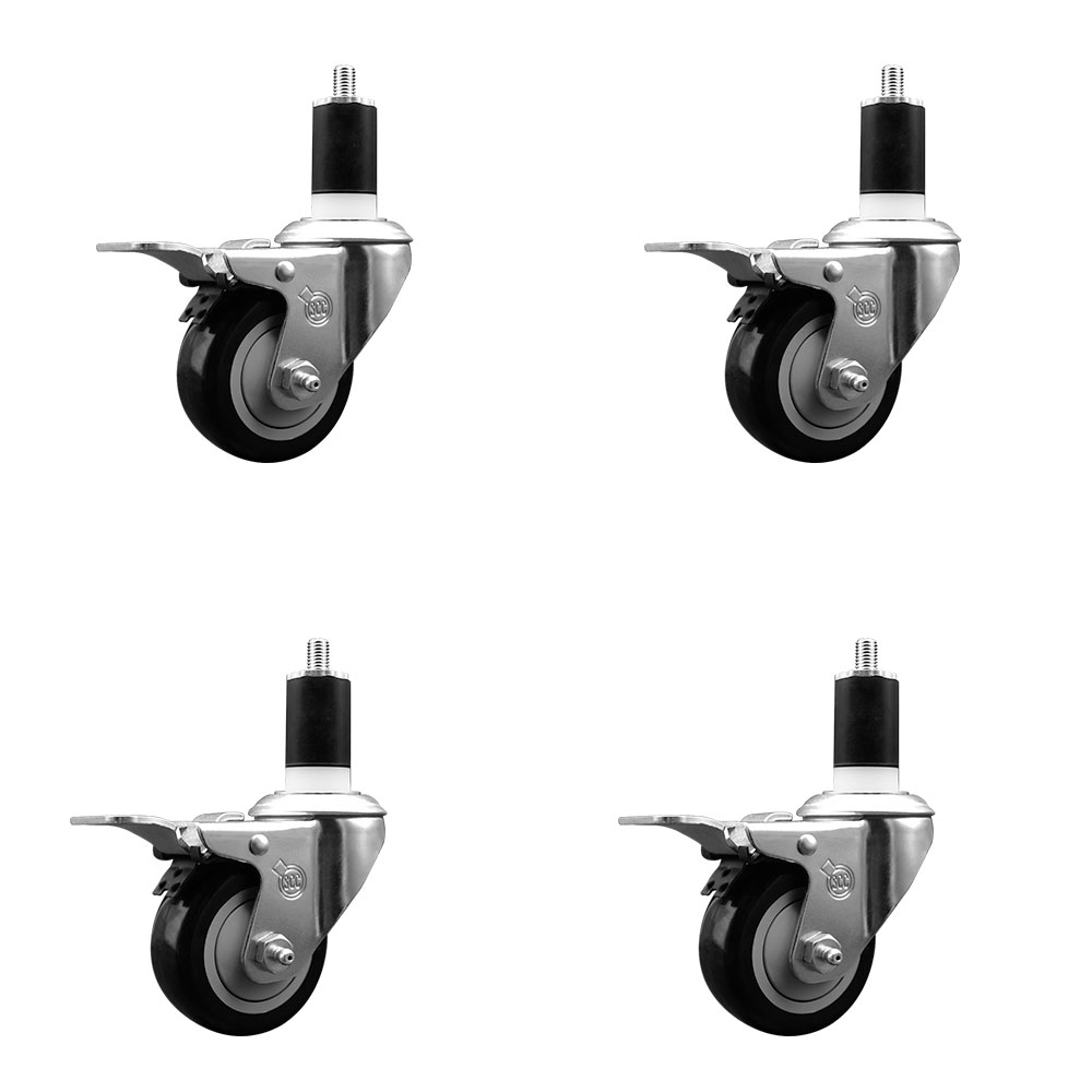 Stainless Steel Polyurethane Swivel Expanding Stem Caster with 3 in. Black Wheels & 1.5 in. Stems 4 Swivel - Set of 4