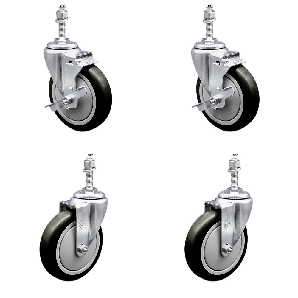 Stainless Steel Polyurethane Swivel Threaded Stem Caster with 5 x 1.25 in. Black Wheels & 0.38 in. Stems - Set of 4