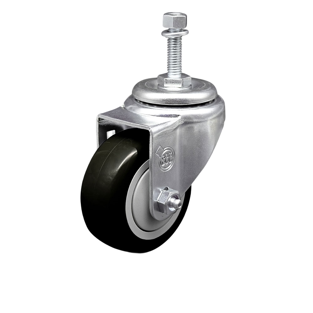 SCC-SSTS20S3514-PPUB-BLK-M1015 Stainless Steel Polyurethane Swivel Threaded Stem Caster with 3.5 x 1.25 in. Black Wheel & 10 mm Stem