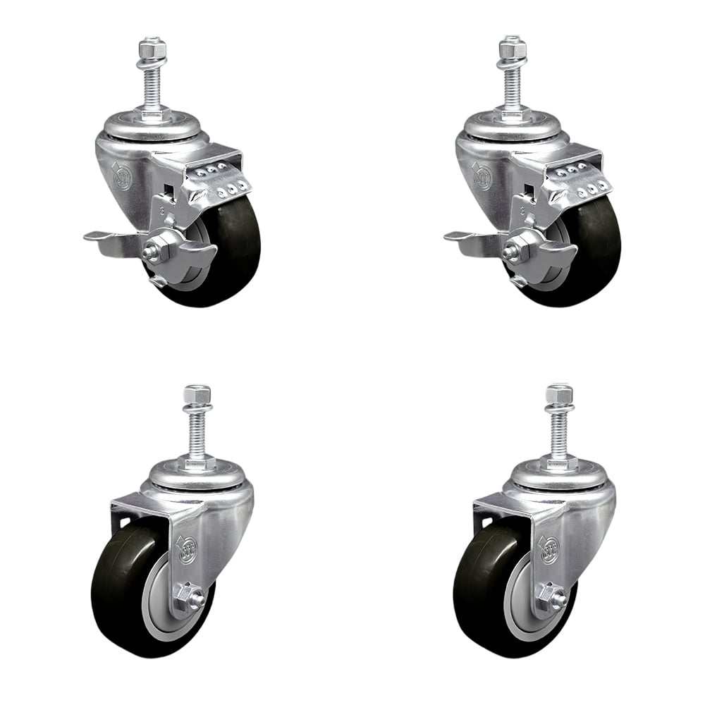 Stainless Steel Polyurethane Swivel Threaded Stem Caster with 3.5 x 1.25 in. Black Wheels & 10 mm Stems - Set of 4