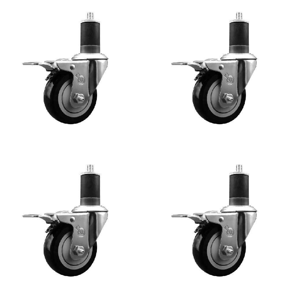 Stainless Steel Polyurethane Swivel Expanding Stem Caster with 3.5 in. Black & 1.63 in. Stems 4 Swivel with Total Locking Brakes - Set of 4