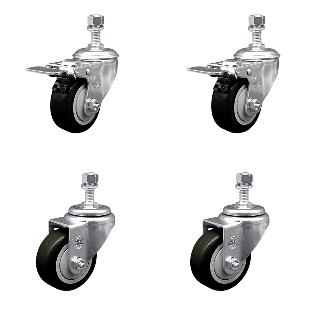 SCC-TSTTL20S314-PPUB-BLK-M1215-2-S-2 Polyurethane Swivel Threaded Stem Caster with 3 x 1.25 in. Black Wheels & 12 mm Stems - Set of 4