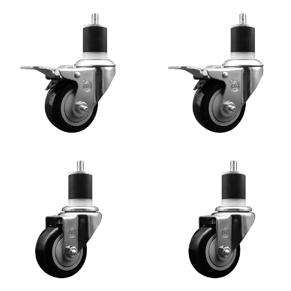 SCC-SSEXTTL20S314-PPUB-BLK-2-S-2-178 Stainless Steel Polyurethane Swivel Expanding Stem Caster with 3 in. Black Wheels & 1.87 in. Stems - Set of 4