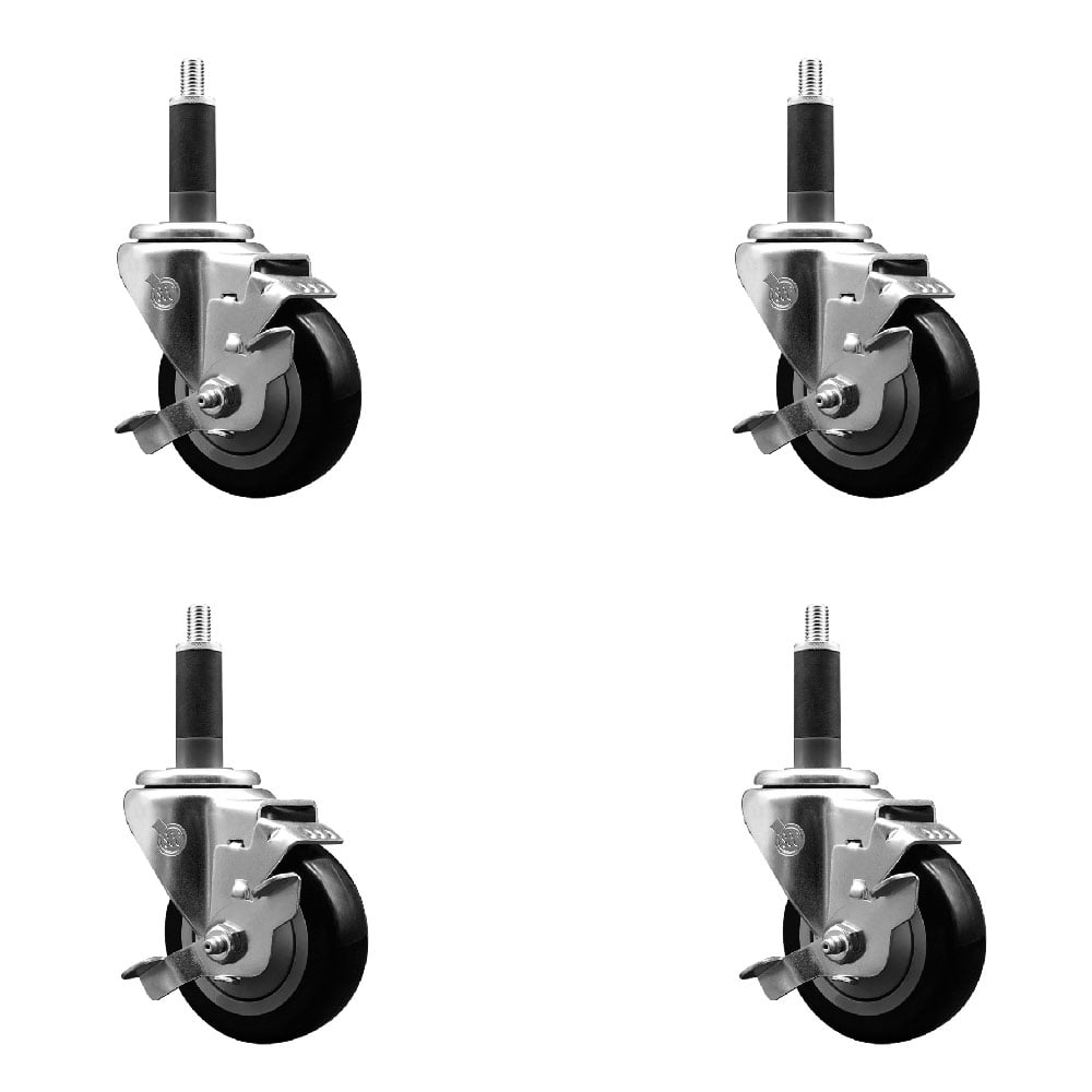 Stainless Steel Polyurethane Swivel Expanding Stem Caster with 3.5 in. Black Wheels & 1 in. Stems 4 Swivel with Top Locking Brakes - Set of 4