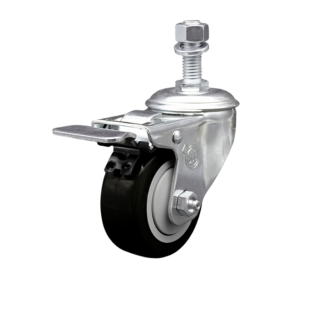 SCC-TSTTL20S3514-PPUB-BLK-M1215 Polyurethane Swivel Threaded Stem Caster with 3.5 x 1.25 in. Black Wheel & 12 mm Stem & Total Locking Brake