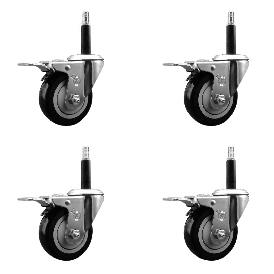 Stainless Steel Polyurethane Swivel Expanding Stem Caster with 3.5 in. Black & 0.75 in. Stems 4 Swivel with Total Locking Brakes - Set of 4
