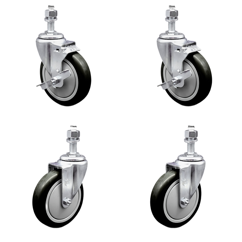 Stainless Steel Polyurethane Swivel Threaded Stem Caster with 5 x 1.25 in. Black Wheels & 12 mm Stems - Set of 4