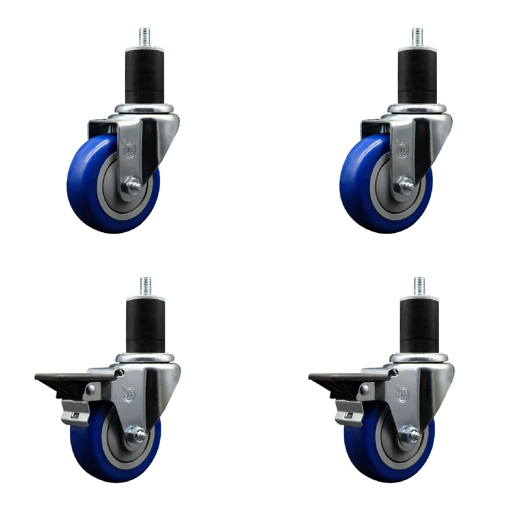 SCC-EX20S3514-PPUB-BLUE-2-PLB-2-134 Polyurethane Swivel Expanding Stem Caster with 3.5 in. Blue Wheels & 1.75 in. Stems - Set of 4